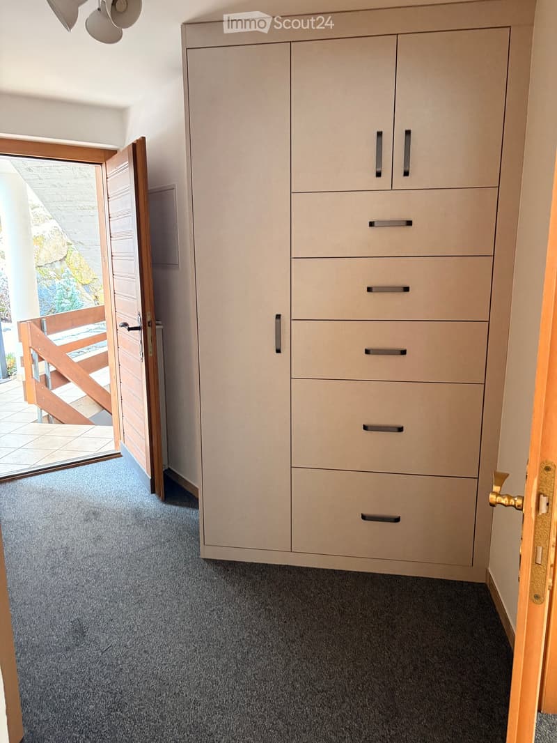 Empty hallway with carpeted floor, light-colored walls, and a tall built-in wardrobe with multiple drawers and cabinets. An open door leads to a balcony area with outdoor tiles and a view of greenery.