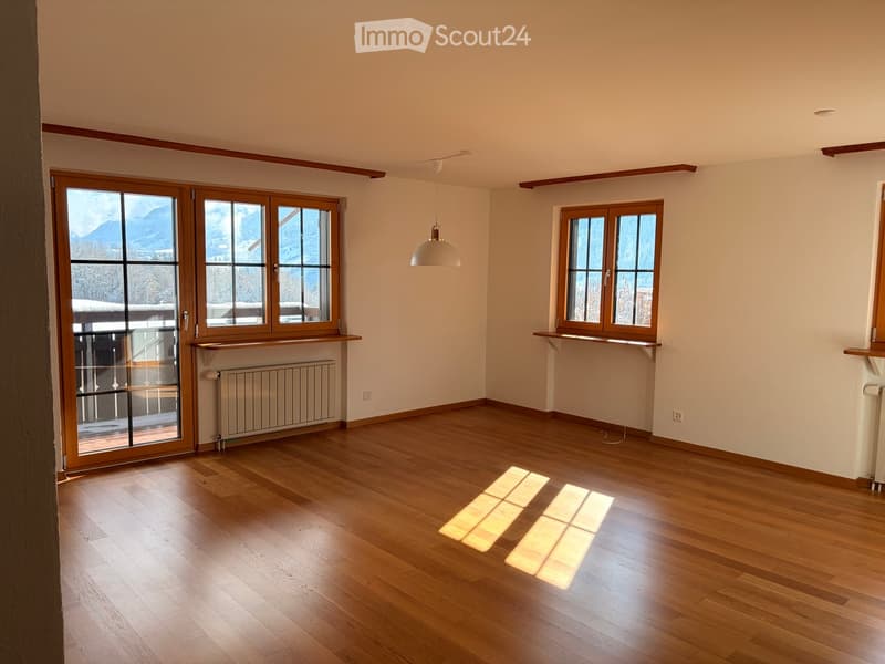 Empty room with wooden flooring, large windows, and a hanging light fixture. The room has a radiator and a small shelf near the windows.
