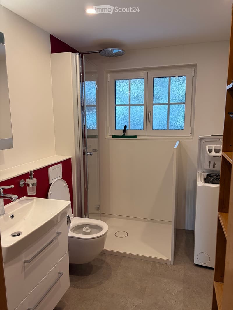 Modern bathroom with white walls, a sink with a faucet, a toilet, a shower with a glass enclosure, and a window with frosted glass panes. The room features a white cabinet and a soap dispenser on the wall.