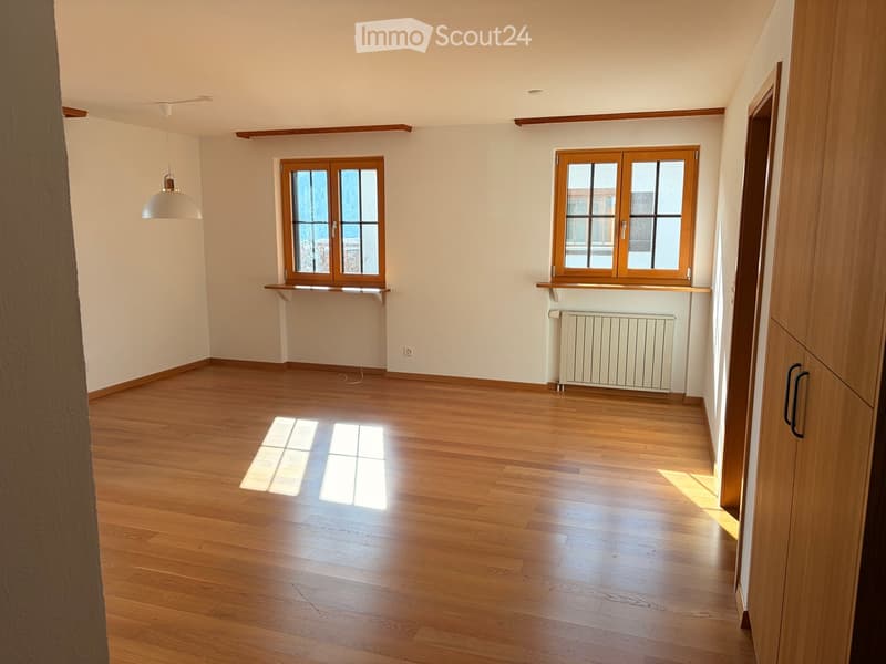 Empty room with wooden flooring, white walls, two windows with wooden frames, a radiator, and a hanging light fixture.