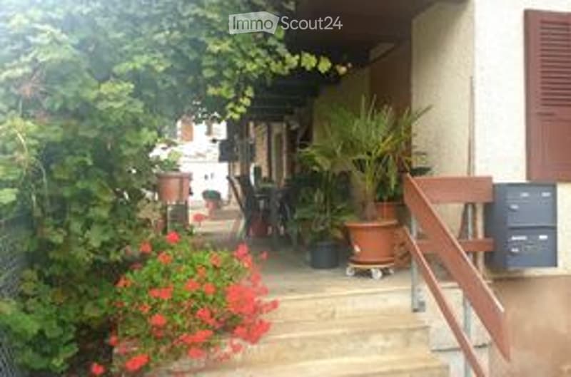 A small outdoor patio area with wooden stairs leading up, potted plants, and a small seating area with chairs and a table.