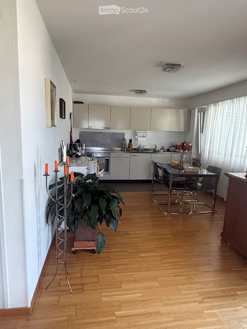 Modern kitchen with light-colored cabinets, stainless steel appliances, a dining area with a table and chairs, and a decorative candle holder with a plant nearby.