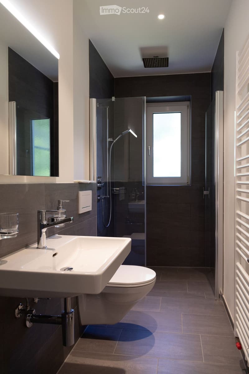 Modern bathroom with a white sink, chrome faucet, toilet, glass shower enclosure, and a radiator. Dark tiled walls and a large mirror are visible.