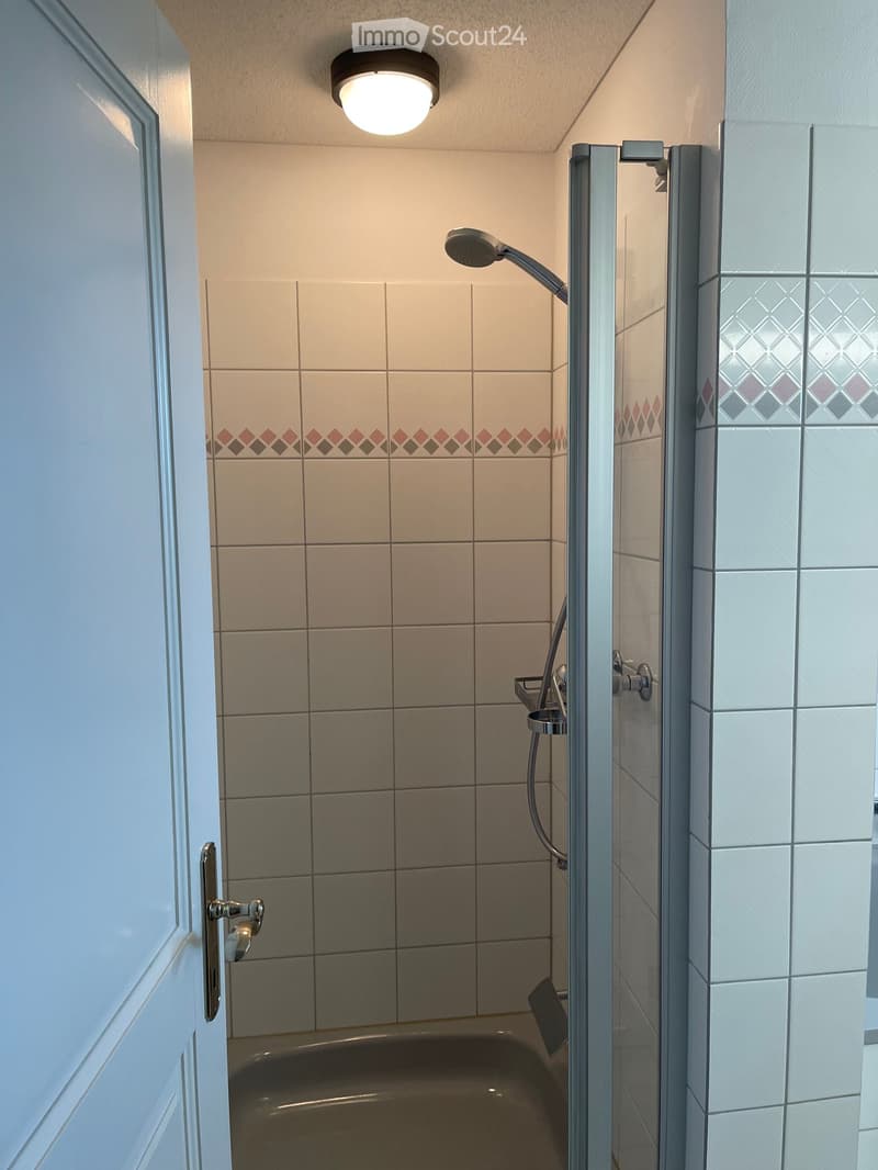 Modern bathroom with a bathtub, glass-enclosed shower, and tiled walls in neutral tones.