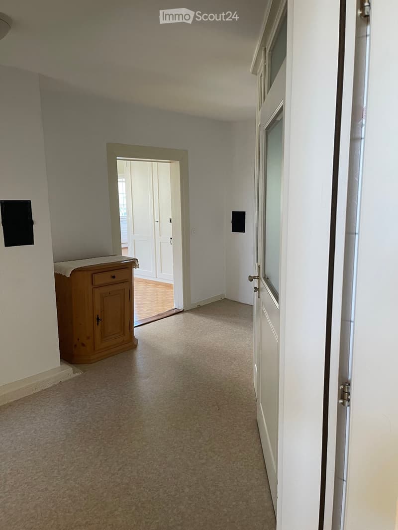 Empty hallway with carpeted floor, white walls, and a wooden cabinet on the left side. An open doorway leads to another room with wooden flooring visible.