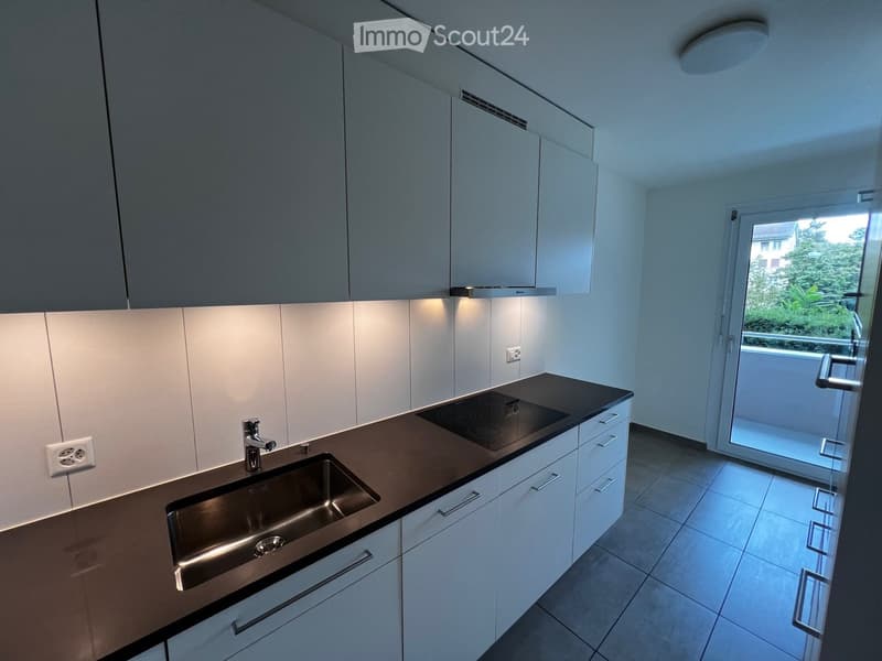 Modern kitchen with white cabinets, dark countertops, stainless steel sink, and induction cooktop. Features built-in lighting and a large window with a view of greenery.