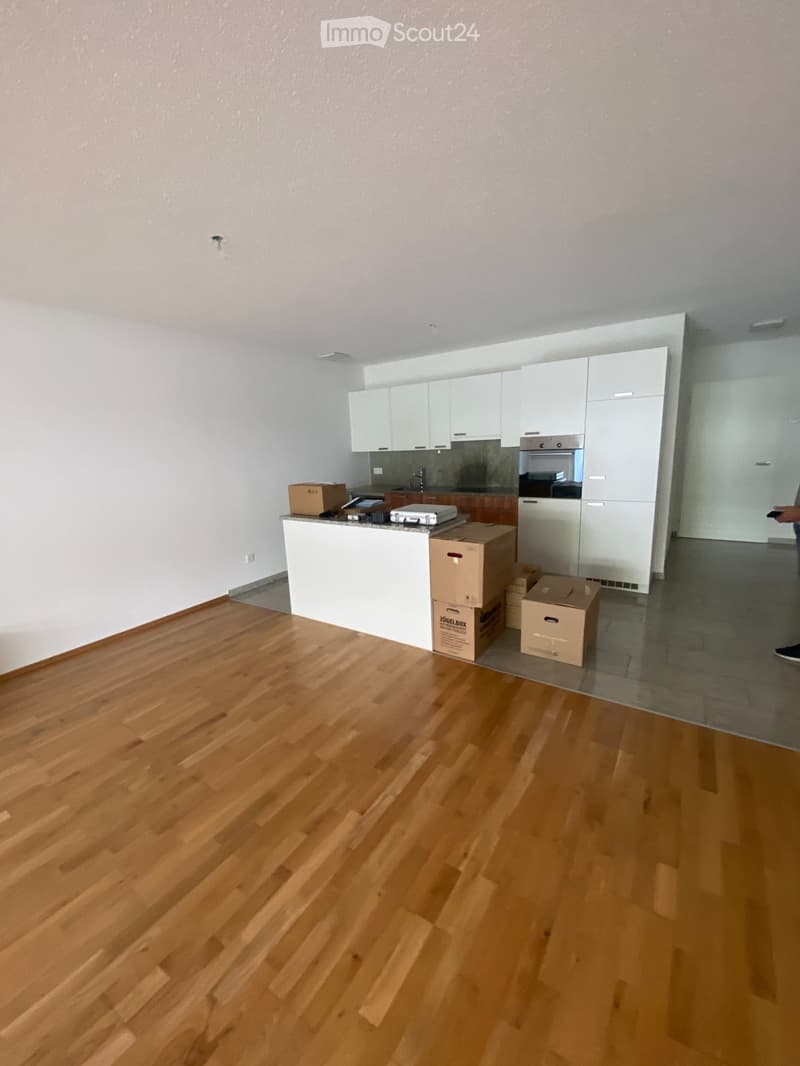 Empty kitchen with white cabinets, wooden floor, and cardboard boxes stacked near the counter.