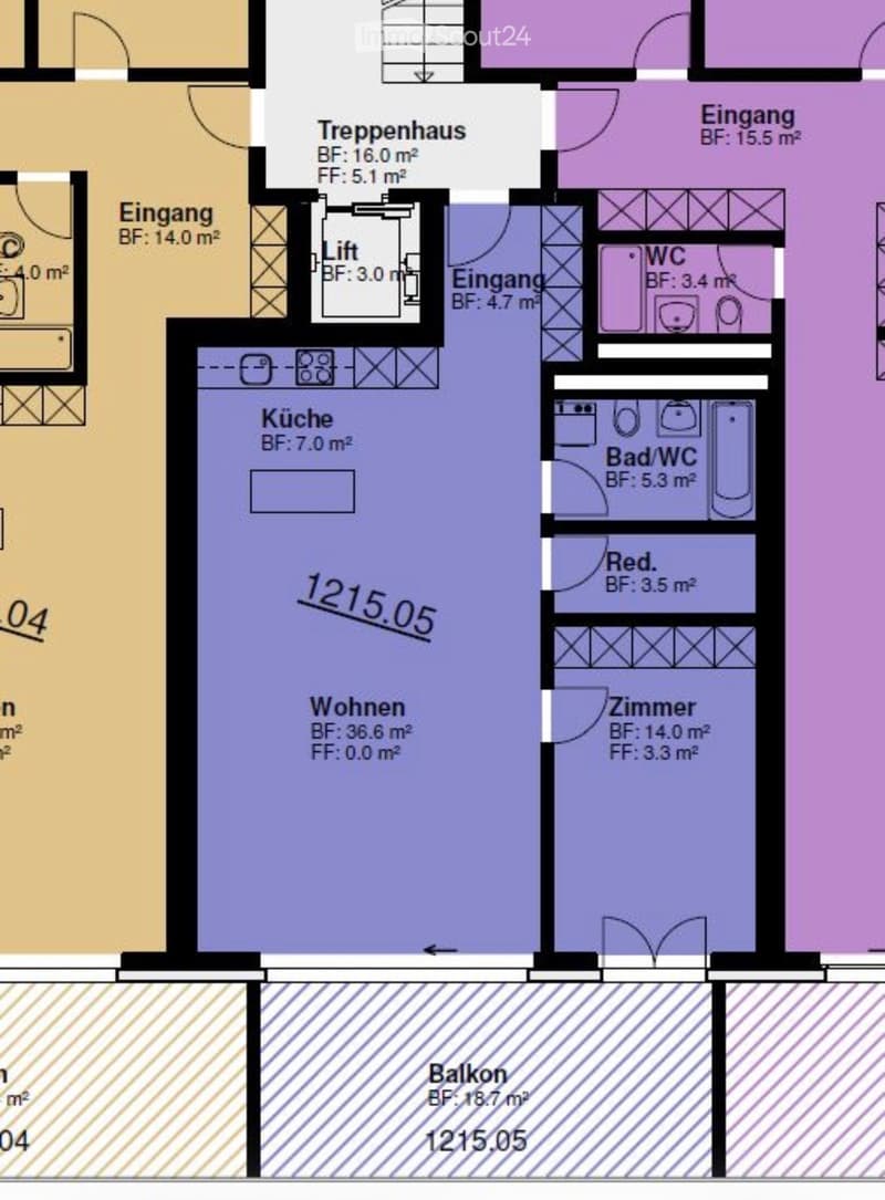 Floor plan showing entrance, kitchen, living room, bedroom, bathroom, WC, and balcony.