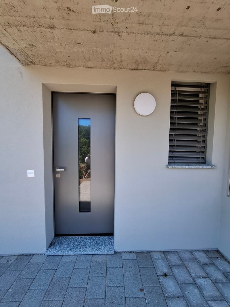 Grey door with a small window, round wall light, and a window with blinds on a tiled balcony or terrace.