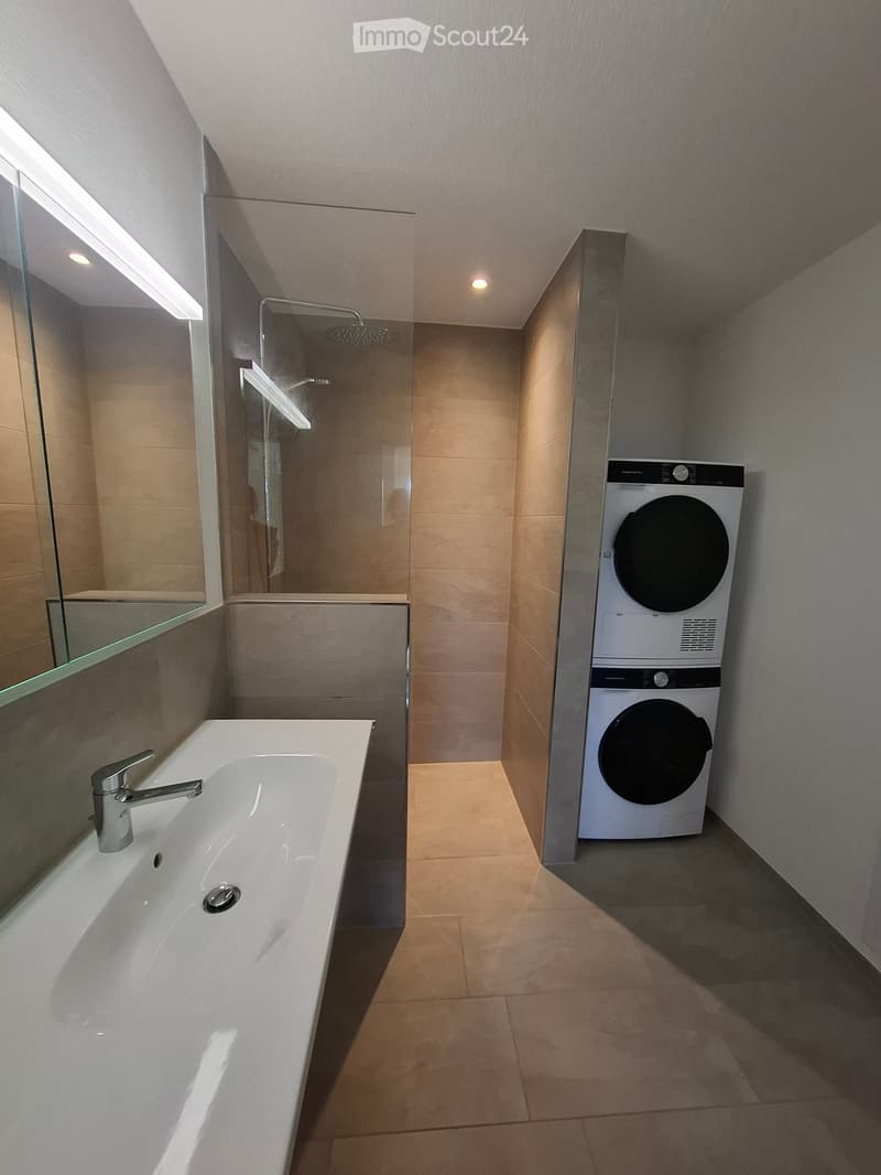 Modern bathroom with a bathtub, shower, mirror, and a private washing machine.