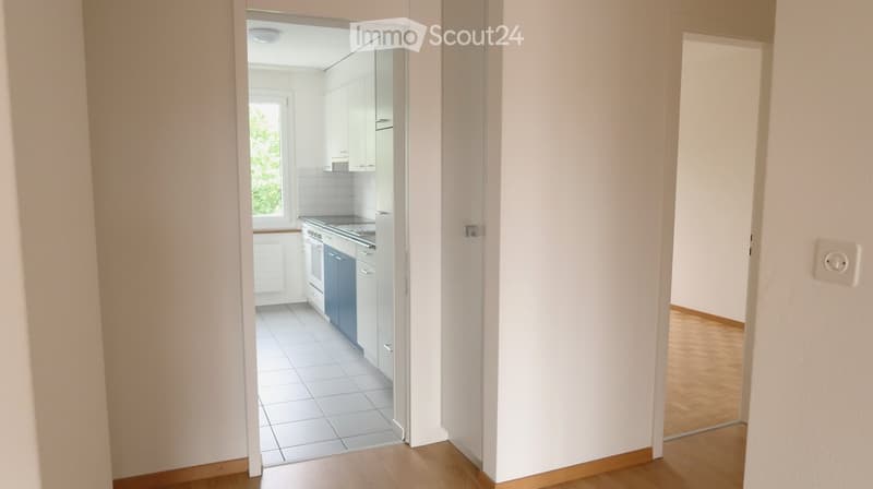 A narrow hallway with light-colored walls and wooden flooring, leading to a modern kitchen with white cabinets, stainless steel appliances, and tiled flooring.