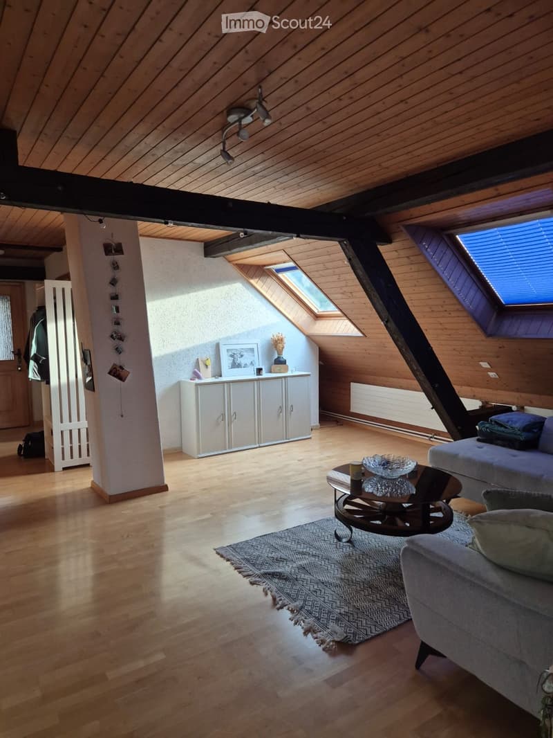 Bright attic living space with wooden floors, slanted wooden ceiling, skylights, sofa, coffee table, cabinet, and decorative items.