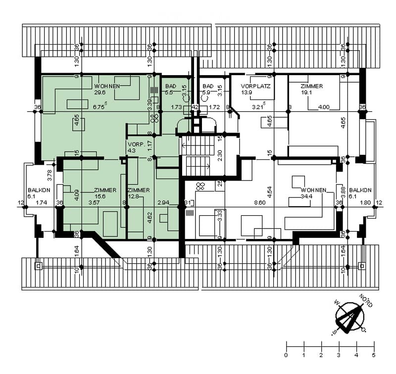 Floor plan of a multi-room apartment with living room, kitchen, bedrooms, bathrooms, and balconies.