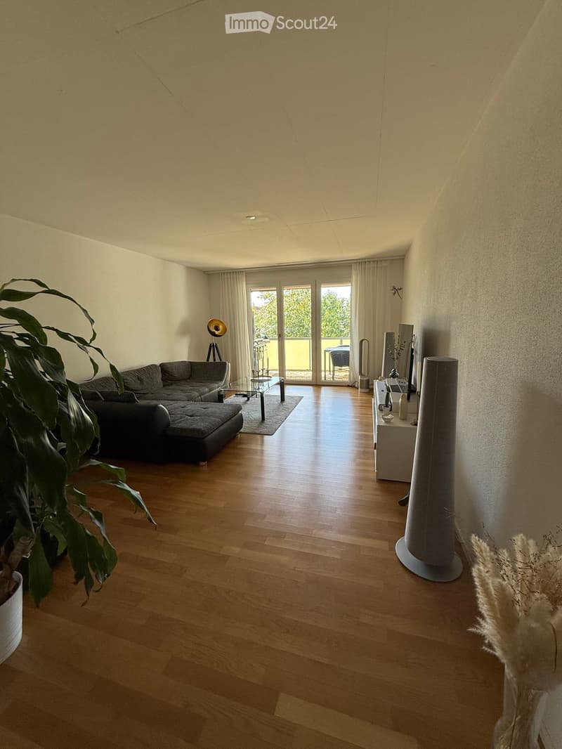 Modern living room with wooden flooring, grey sectional sofa, glass coffee table, floor lamp, speaker system, and large sliding glass doors leading to a balcony.