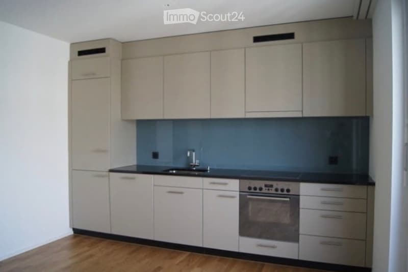 Modern kitchen with light-colored cabinets, black countertops, and stainless steel appliances including a sink and oven.
