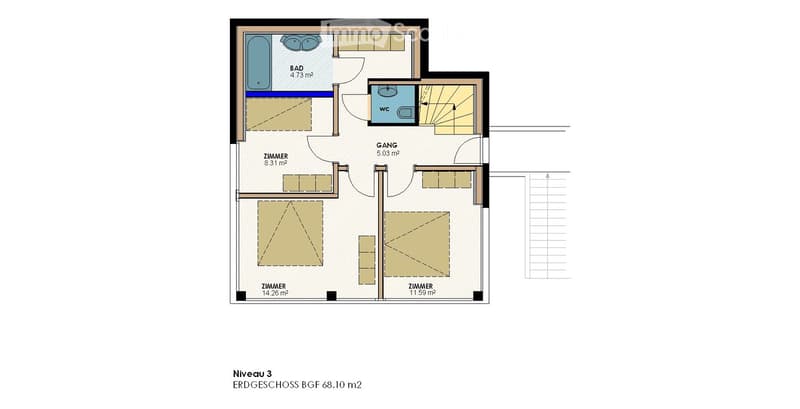 Floor plan of a 3rd level showing three bedrooms, a bathroom, a WC, and a hallway. Total area is 68.10 m².