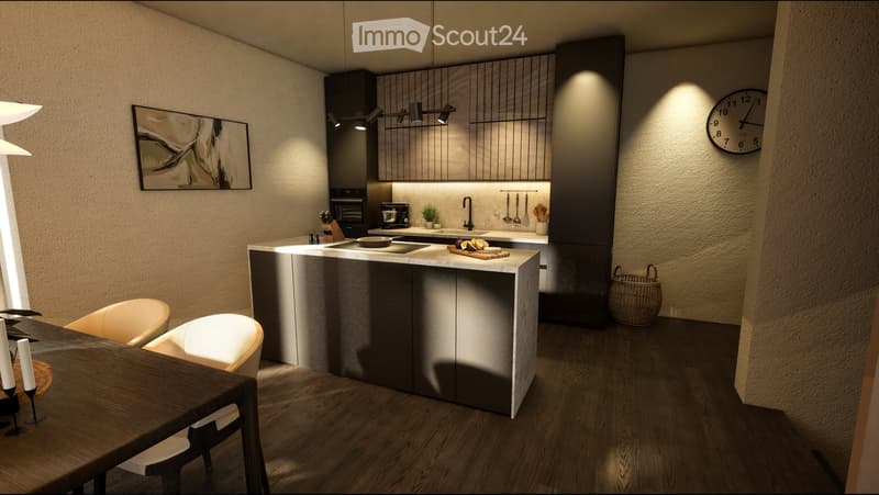 Modern kitchen with a central island, built-in appliances, and a dining area with a table and chairs. Features include a clock on the wall, a framed picture, and a wicker basket on the floor.