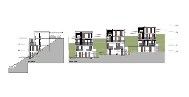 Architectural floor plan showing two buildings (Haus 1 and Haus 2) with multiple floors, staircases, and parking spaces.