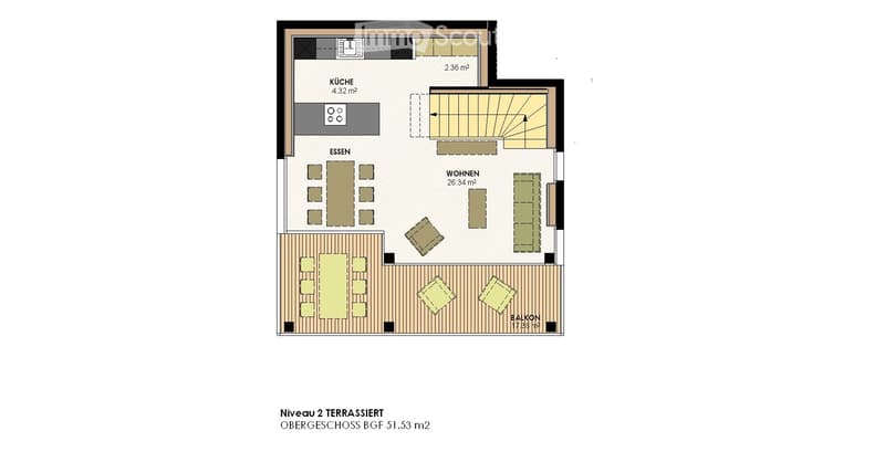 Floor plan of a terraced level showing a kitchen, dining area, living room, and balcony.