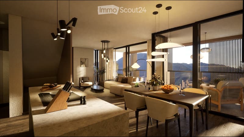 Modern, open-concept living and dining area with large windows offering a scenic mountain view. Features a sofa, coffee table, dining table with chairs, pendant lights, and decorative elements.