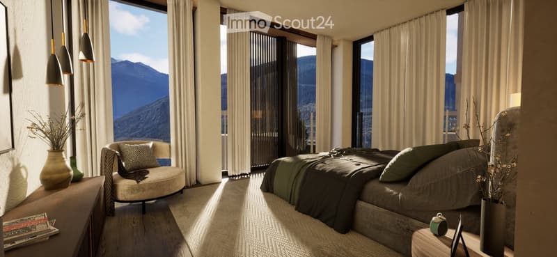 Modern bedroom with large windows offering a mountain view, featuring a bed, armchair, side table, and decorative vases.