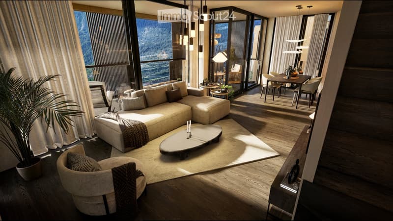 Modern living room with large windows offering a scenic mountain view, featuring a sectional sofa, coffee table, armchair, dining area with a table and chairs, and decorative elements like a potted plant and candle holder.