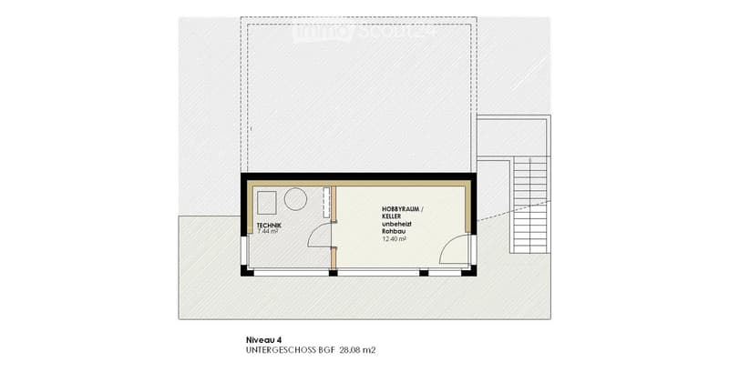 Floor plan of a basement level showing a technical room and hobby room, with dimensions and labels.
