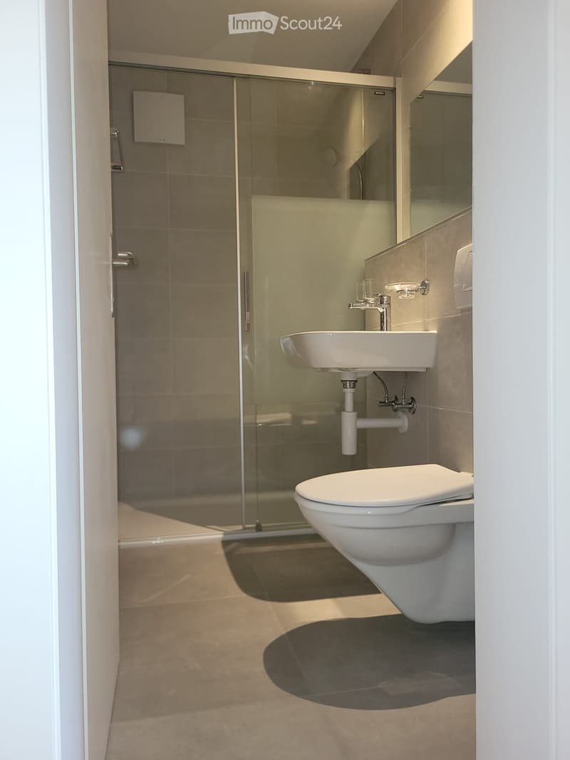 Modern bathroom with a white toilet, sink, and glass shower enclosure. Light-colored tiles and a sleek design.