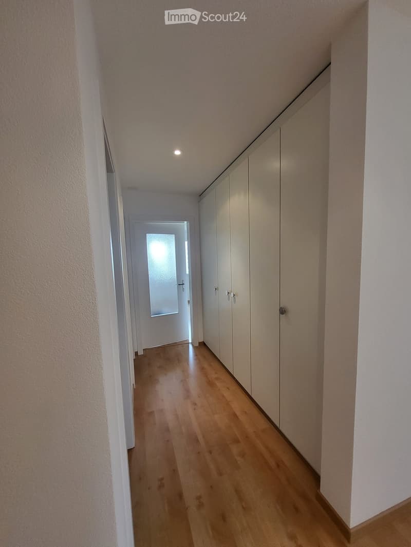 A narrow hallway with light wooden flooring, white walls, built-in wardrobes, and a frosted glass door at the end.