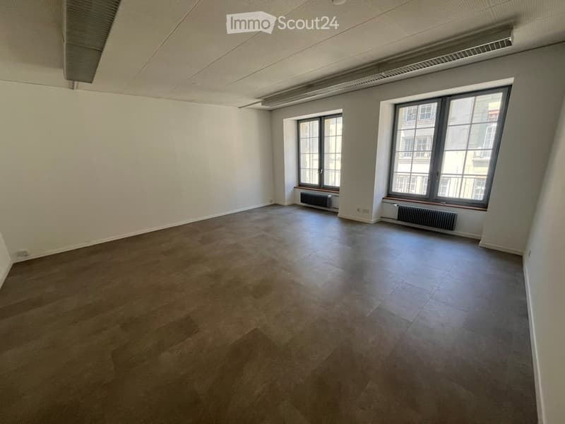 Empty room with wooden flooring, white walls, and large windows with radiators beneath them.