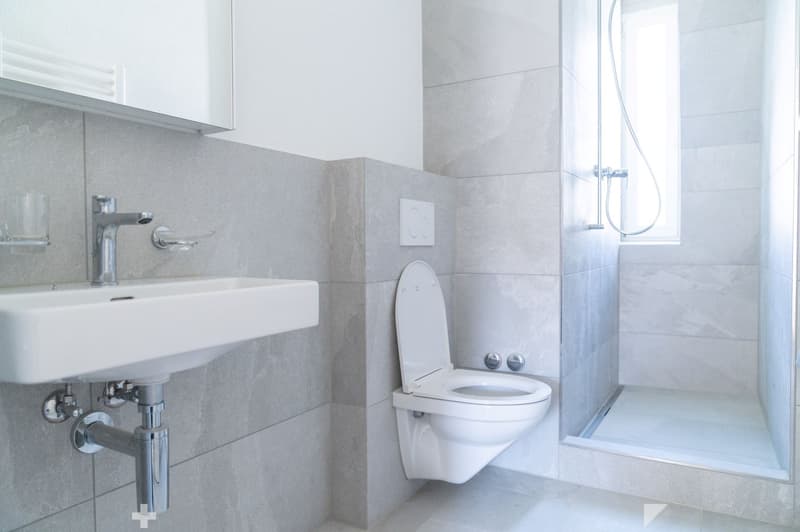 modern bathroom, tiled walls, white fixtures, glass door shower