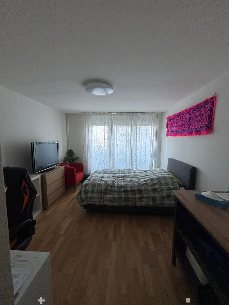 A small bedroom with a bed, a red chair, a wooden table, a TV screen, and a plant near the window. The room has wooden flooring and white walls.