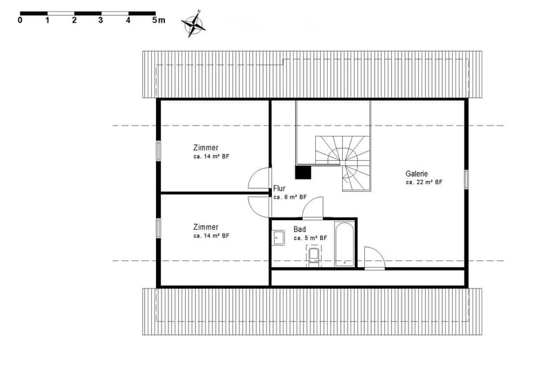 Floor plan of a residential space featuring two bedrooms, a gallery, a bathroom, and a hallway.