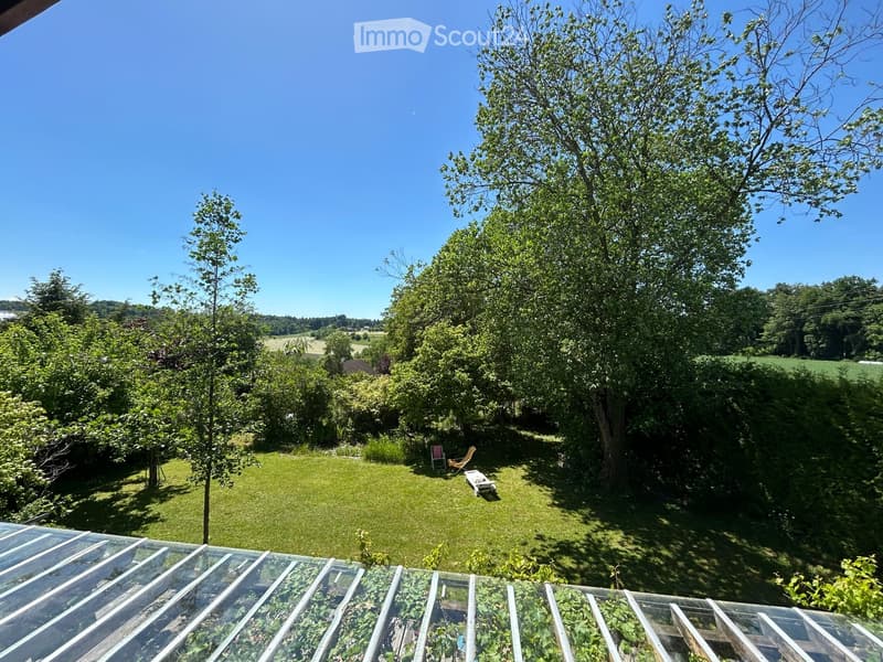 A well-maintained garden with a grassy lawn, surrounded by trees and shrubs, featuring a few outdoor chairs and a lounge bed.