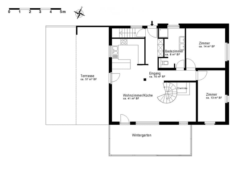 Floor plan of a house with a living room/kitchen, two bedrooms, a bathroom, an entrance, a winter garden, and a terrace.
