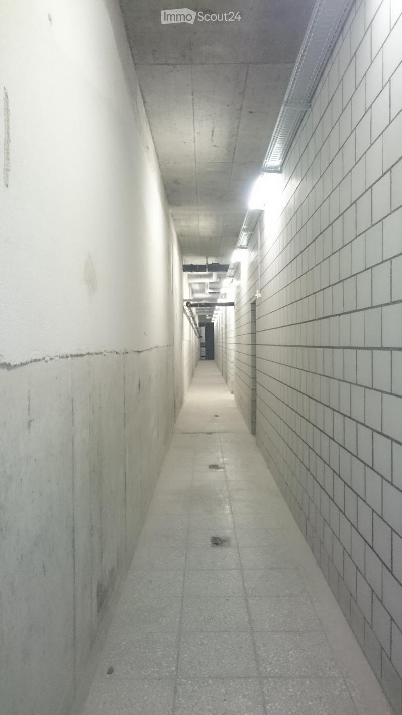 A narrow, concrete-walled corridor with tiled walls and a concrete floor, illuminated by linear ceiling lights. The corridor has a clean, industrial appearance with a slight curve in the walls.