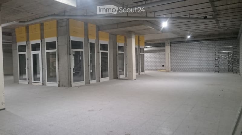Empty room with concrete floors, exposed ceiling beams, and several glass doors with yellow frames.