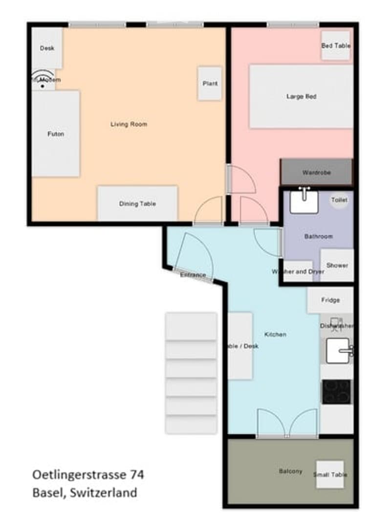 Floor plan of a 2-bedroom apartment with living room, dining area, kitchen, bathroom, and balcony.