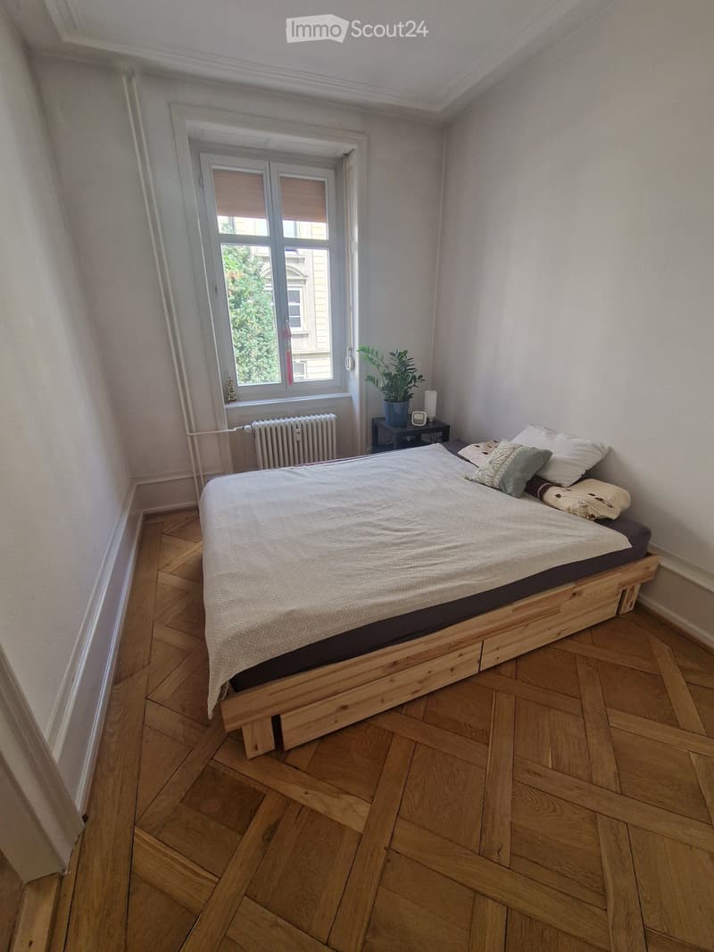 Cozy bedroom with wooden herringbone flooring, a single bed with white bedding, a nightstand with a lamp and potted plant, and a radiator beneath the window.