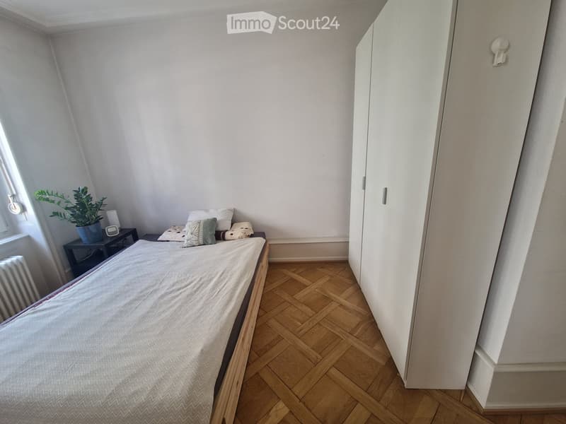 Bedroom with wooden herringbone flooring, a single bed with pillows and a duvet, a nightstand with a lamp and potted plant, and a built-in wardrobe.