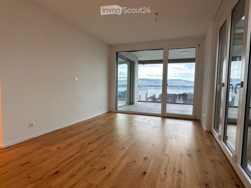 Empty room with light wooden flooring and large glass doors leading to a balcony with a scenic view.