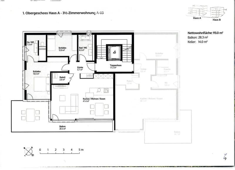 Floor plan of a 3.5-room apartment on the first floor of House A, including living/dining/kitchen area, bedrooms, bathrooms, and balconies.