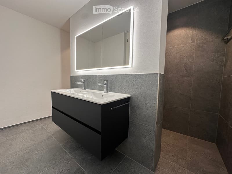 Modern bathroom with a double sink vanity, sleek black cabinetry, and a large illuminated mirror above.
