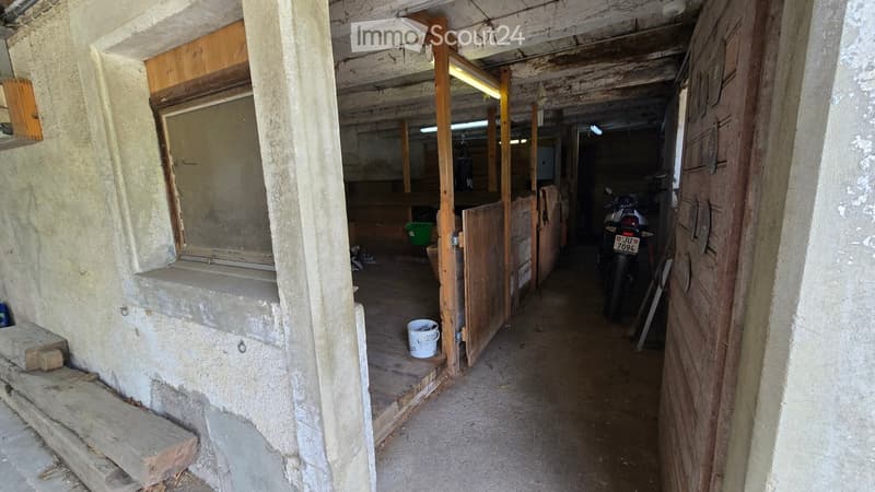A narrow, rustic corridor with wooden doors, concrete walls, and a small window. The floor is concrete, and there are a few scattered items like a bucket and a motorcycle in the background.