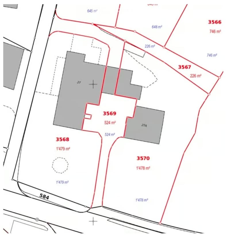 Floor plan showing multiple plots with area measurements in square meters, labeled with plot numbers 3566 to 3570.