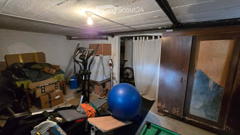 The image shows a basement or utility room with various items including an exercise bike, a large blue exercise ball, a small wooden stool, a refrigerator, a bicycle, and several cardboard boxes stacked around the room.