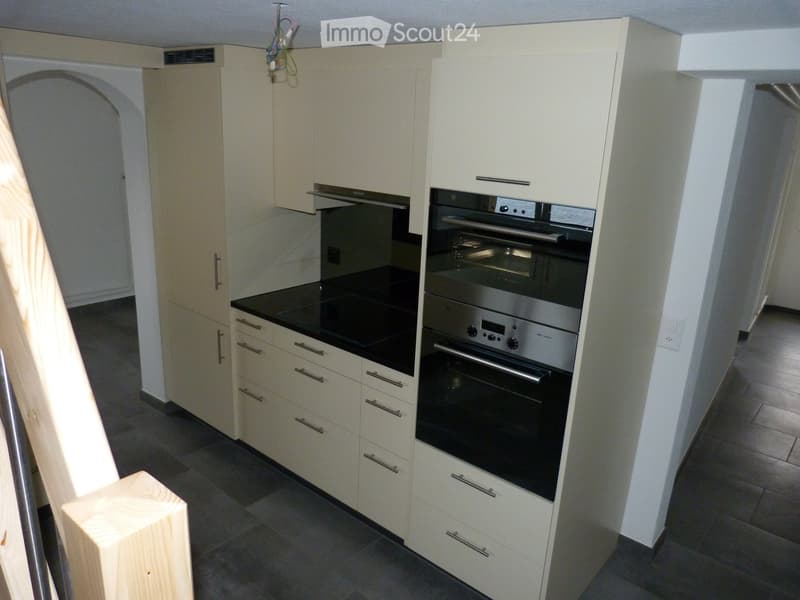 modern kitchen, black countertops, built-in oven, dishwasher, wooden cabinets, light ceiling