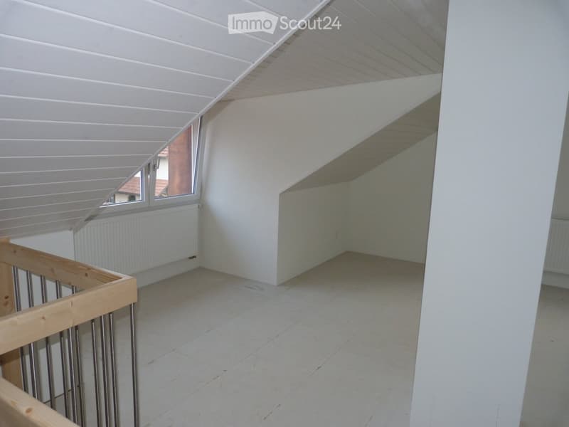 empty room, white ceiling, white floor, white wall, window, wooden stairs