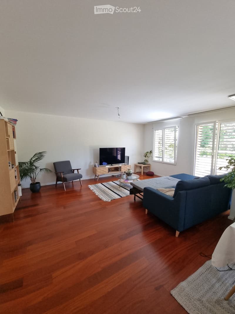 Modern living room with wooden flooring, large windows, a blue sectional sofa, a grey armchair, a coffee table, a TV, and a bookshelf.