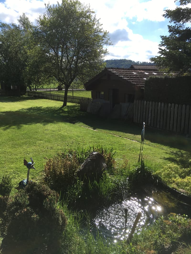 A well-maintained garden with a small pond, lush greenery, a wooden fence, and a small rustic building in the background.